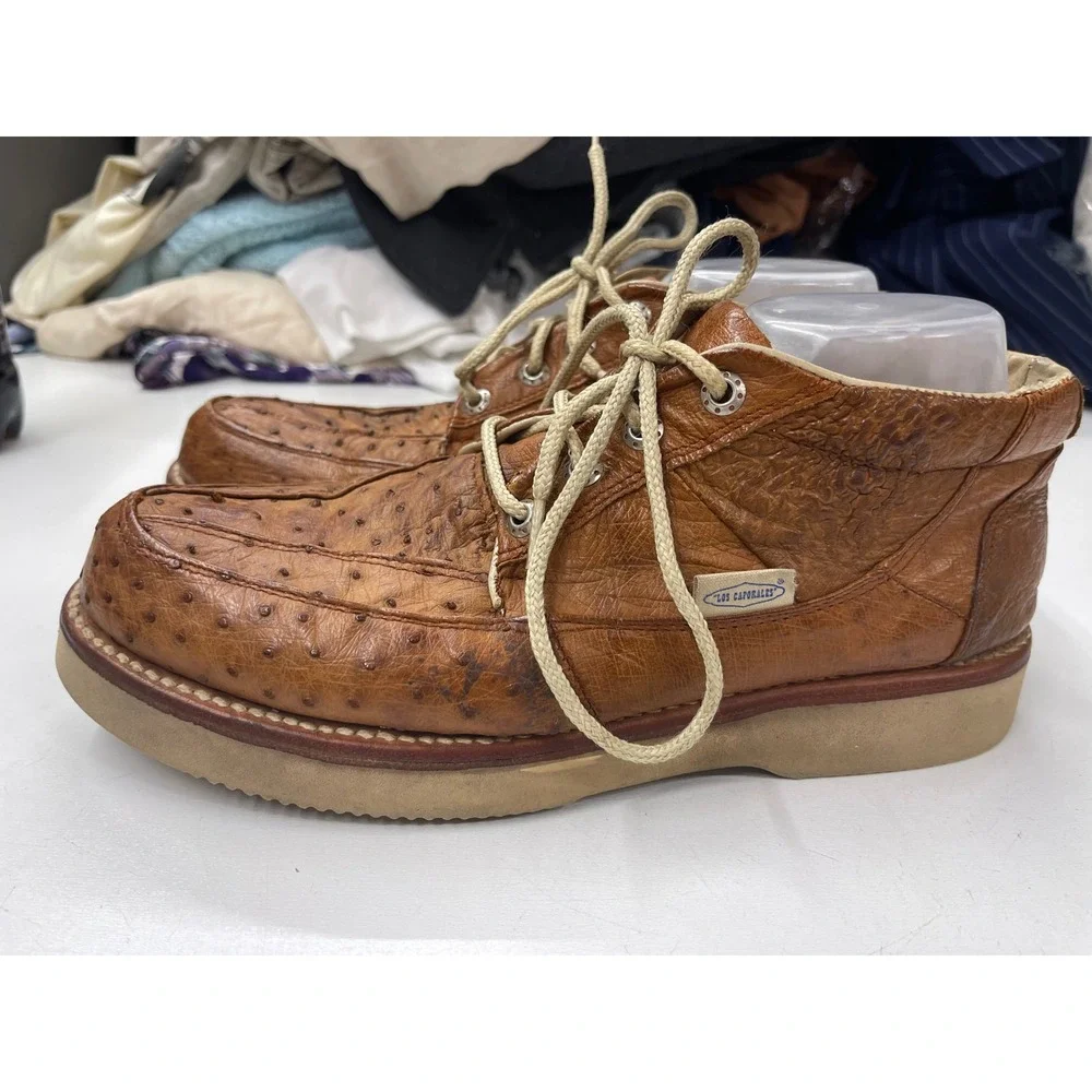 Los Caporales Mens Ostrich Print Leather Moc Toe Chukka Boots Brown Size 27.5